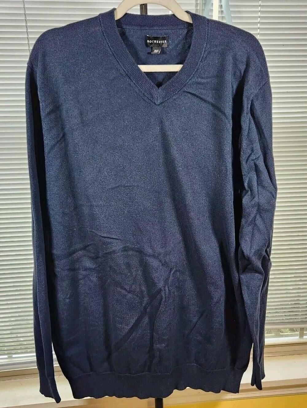 Rochester XL Tall Navy Blue Cotton Cashmere Classic V-Neck Luxury Soft Sweater